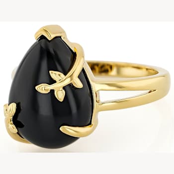 Black Spinel Pear Solitaire Ring In 18K Gold Over Sterling Silver 8.64ct