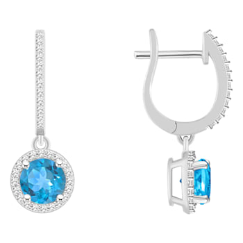 6mm Round Blue Topaz 1/3 ctw Diamond Rhodium Over Sterling Silver Halo
Dangle Earrings