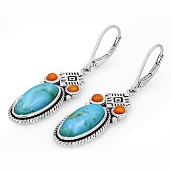 Turquoise And Spiny Oyster Shell Sterling Silver Earrings 16x7mm
