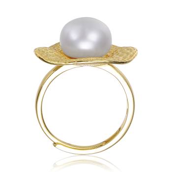 Pear Shape Freshwater Pearl Hammered Band Ring In 14K Gold Over Sterling Silver