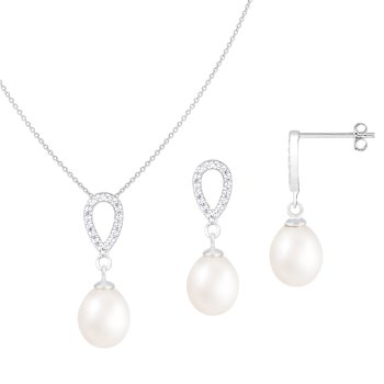 8-9mm Drop White Freshwater Pearl and CZ Rhodium Over Sterling Earring
and Pendant W/Chain Set