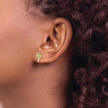 14k Yellow Gold Textured Green and Clear Cubic Zirconia Palm Tree Stud Earrings