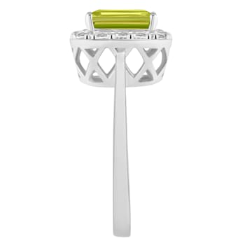 8x6mm Emerald Cut Peridot And White Topaz Accents Rhodium Over Sterling
Silver Halo Ring