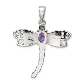 Rhodium Over Sterling Silver Lab Created Opal Dragonfly Amethyst Pendant