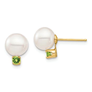14K Yellow Gold 7-7.5mm White Round Freshwater Cultured Pearl Peridot
Post Earrings