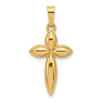 14k Yellow Gold Polished and Textured Beaded Edge Passion Cross Pendant