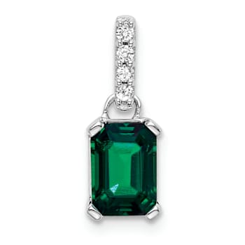Rhodium Over 10k White Gold 1 ctw Lab Created Emerald and Accent Diamond Pendant
