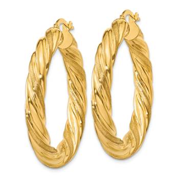 14k Yellow Gold Satin and Polished 1 1/2" Twisted Hoop Earrings