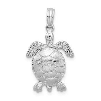 Rhodium Over Sterling Silver Polished 3D Moveable Sea Turtle Pendant