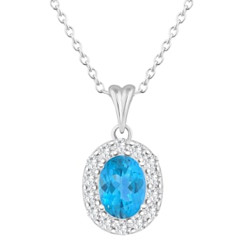 8x6mm Oval Swiss Blue Topaz and White Topaz Accent Rhodium Over Sterling
Silver Halo Pendant w/Chain