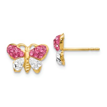 14k Yellow Gold Pink and White Crystal Butterfly Stud Earrings