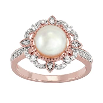 8-8.5mm Round White Freshwater Pearl with 0.20ctw Diamond 10K Rose Gold
Flower Ring