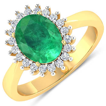 1.19ctw Green Emerald and Diamond 14K Yellow Gold Halo Ring