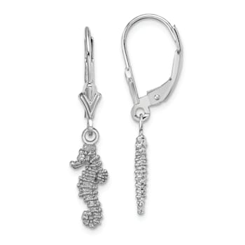 Rhodium Over 14k White Gold 3D Textured Seahorse Dangle Earrings