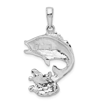 Rhodium Over Sterling Silver Enameled Jumping Bass Fish Pendant