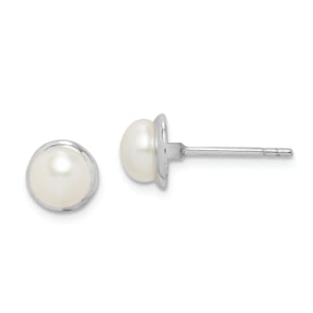 Rhodium Over Sterling Silver  6-7mm White Button Freshwater Cultured
Pearl Earrings
