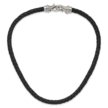 Stainless Steel Polished 6mm Woven Black Leather 19.5 Inch Necklace
