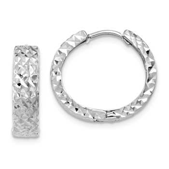 Rhodium Over 14k White Gold Diamond-Cut 1/2" Hinged Hoop Earrings