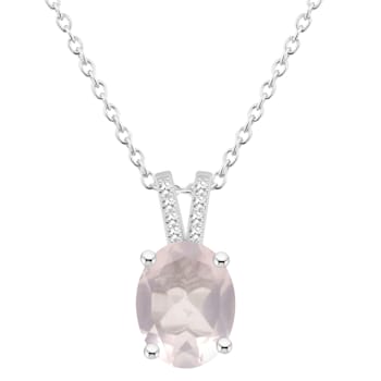 10x8mm Oval Rose Quartz With Diamond Accents Rhodium Over Sterling
Silver Pendant with Chain