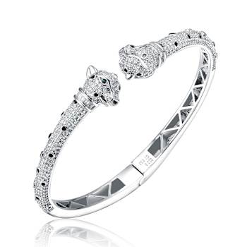 Panther CZ Cuff Bracelet In White Rhodium Over Brass