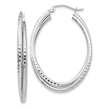 Rhodium Over 14k White Gold Diamond-Cut and Polished 1 1/2" Oval
Hoop Earrings