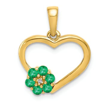 10k Yellow Gold Heart and Flower Pendant with Accent Diamond and 0.3
cttw Emerald Gemstone