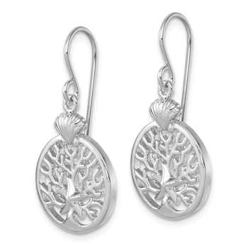 Rhodium Over Sterling Silver Starfish and Scallop Shell Reef Dangle Earrings