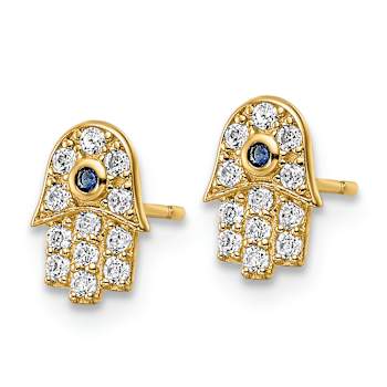 14K Yellow Gold Cubic Zirconia and Blue Glass Stone Hamsa Stud Earrings