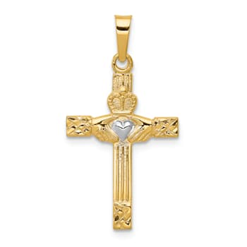 14K Yellow Gold with White Rhodium Polished Claddagh Cross Pendant