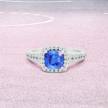 14K White Gold Square Cushion Tanzanite and Diamond Ring, 1.50ctw