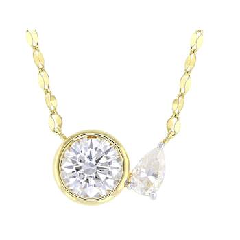 Bezel Set Round And Pear Moissanite Two-Stone Ring In 14K Gold Over
Sterling Silver