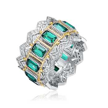 Emerald Color CZ Baguette Cocktail Ring In 14K White Gold Over Brass