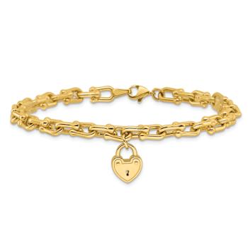14k Yellow Gold Polished Link with Heart Lock Charm Bracelet