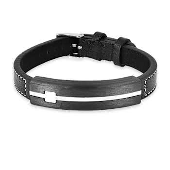 Mens Black Leather and Stainless Steel Cross Bracelet