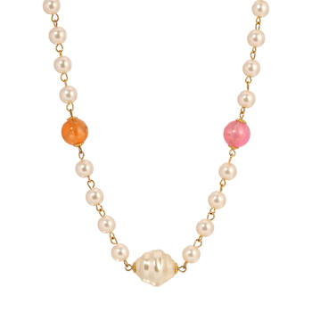 Yellow Base Metal White/Multi Color Faux Pearl Bead Necklace 24 inch