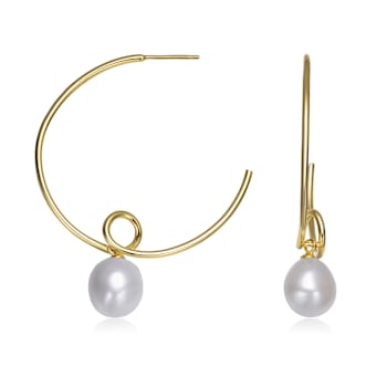 Freshwater Pearl Open Hoop Earrings In 14K Gold Over Sterling Silver