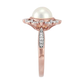 8-8.5mm Round White Freshwater Pearl with 0.20ctw Diamond 10K Rose Gold
Flower Ring