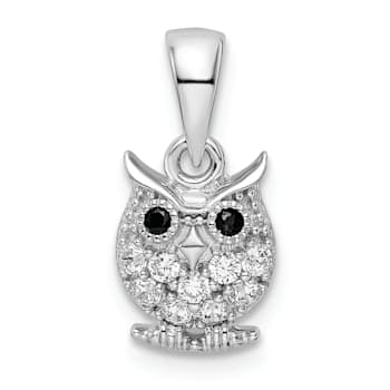 Rhodium Over Sterling Silver Black and White Cubic Zirconia Owl Pendant
