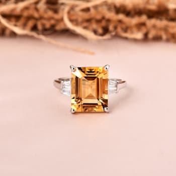 Citrine with White Zircon Accents Rhodium Over Sterling Silver Statement
Ring, 5.96ctw