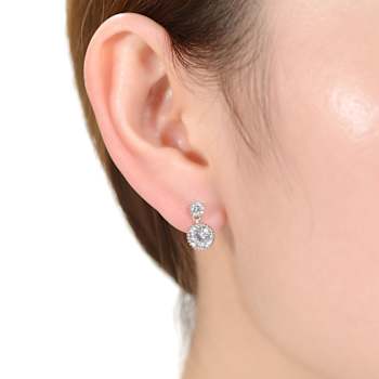 Two-Stone CZ Milgrain Drop Earrings In White Rhodium Over Brass