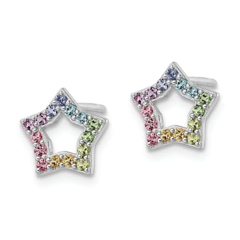 Rhodium Over Sterling Silver Rainbow Crystal Star Post Earrings