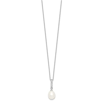 Rhodium Over Sterling Silver 8-9mm White Freshwater Cultured Pearl Cubic
Zirconia Necklace