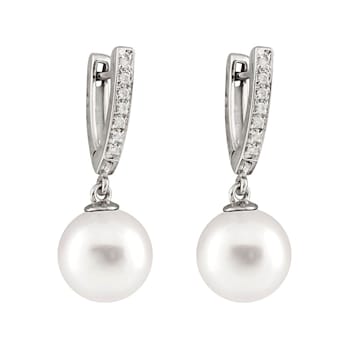 10-10.5mm White Cultured South Sea Pearl With Diamond 14k White Gold Earrings