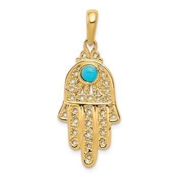 14k Yellow Gold Blue Turquoise Filigree Chamseh Pendant