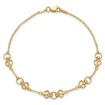10k Yellow Gold Diamond-Cut Textured Hearts and Beads Link Bracelet