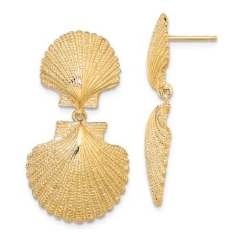 14K Yellow Gold Textured Double Scallop Dangle Earrings