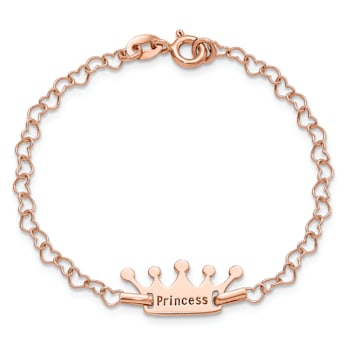 14K Rose Gold Over Sterling Silver Princess Crown Heart Link Children's Bracelet