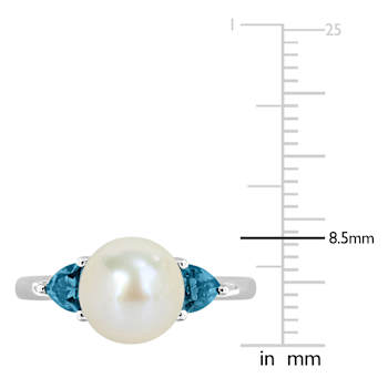 London Blue Topaz & Cultured Freshwater Pearl 10k White Gold Ring 0.6ctw
