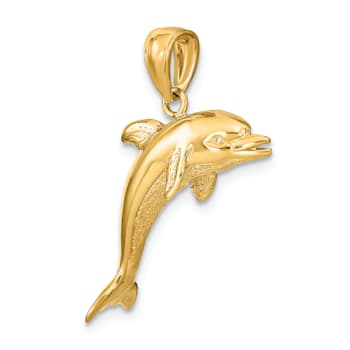 14k Yellow Gold Polished and Textured 3D Jumping Dolphin Charm