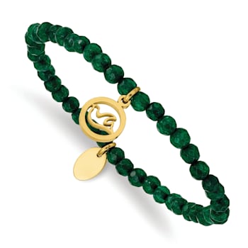 Yellow Stainless Steel Polished Dove Green Jade Beaded Stretch Bracelet